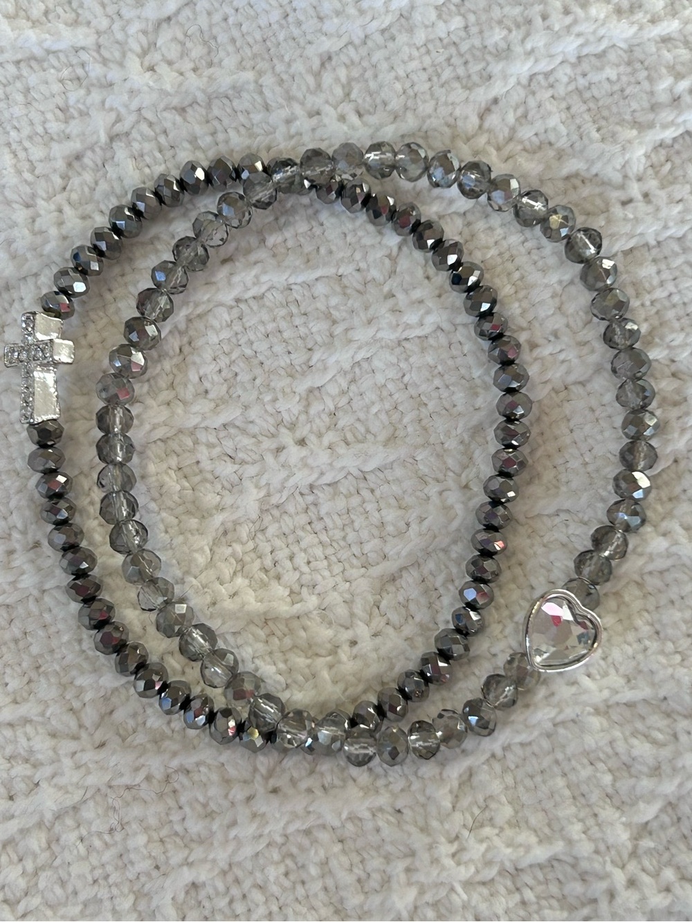 Pair of Beaded stretch bracelets in gift box heart and cross